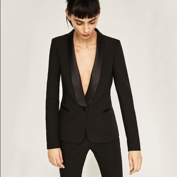 Zara Black Tuxedo Blazer Satin Lapel Large